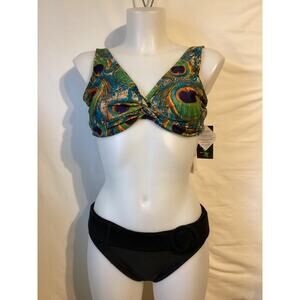 1307 NWT Bikini Bay U/W Cup Top 34DD Green/Blue Plume w/Thick Belted Bottom 6